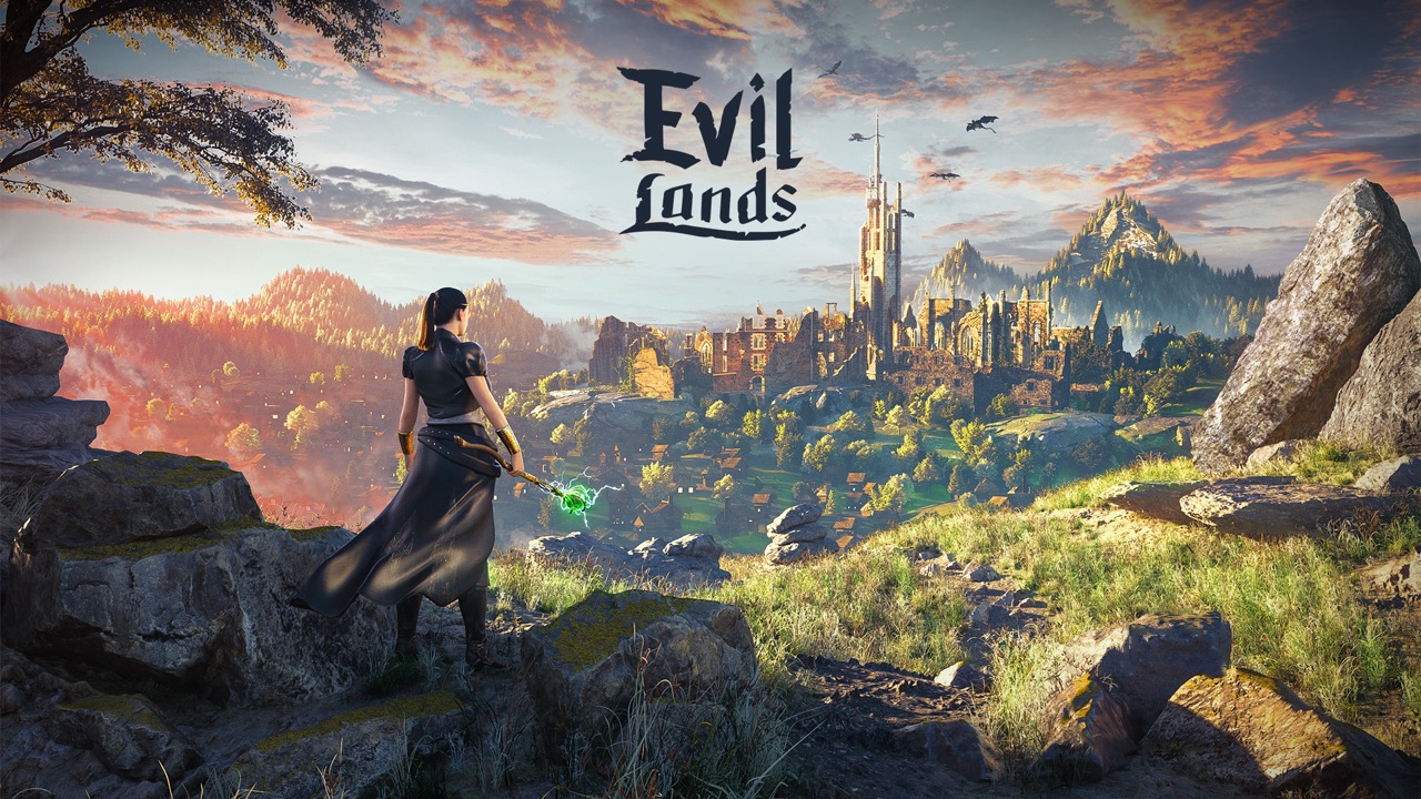 Evil Lands key art, armored warrior in a fantasy landscape