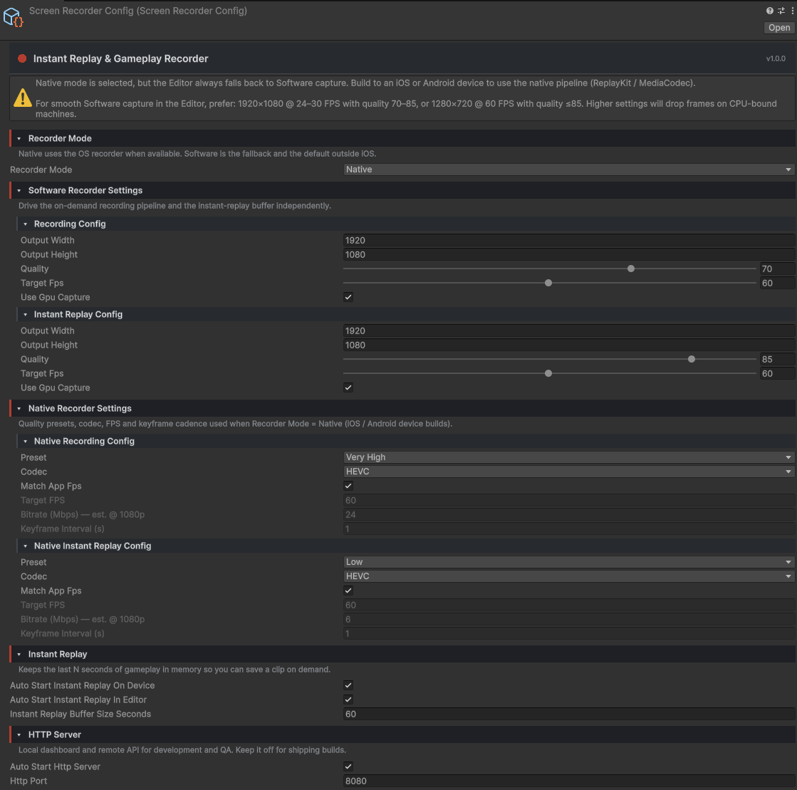 The ScreenRecorderConfig custom inspector with recording and instant-replay settings