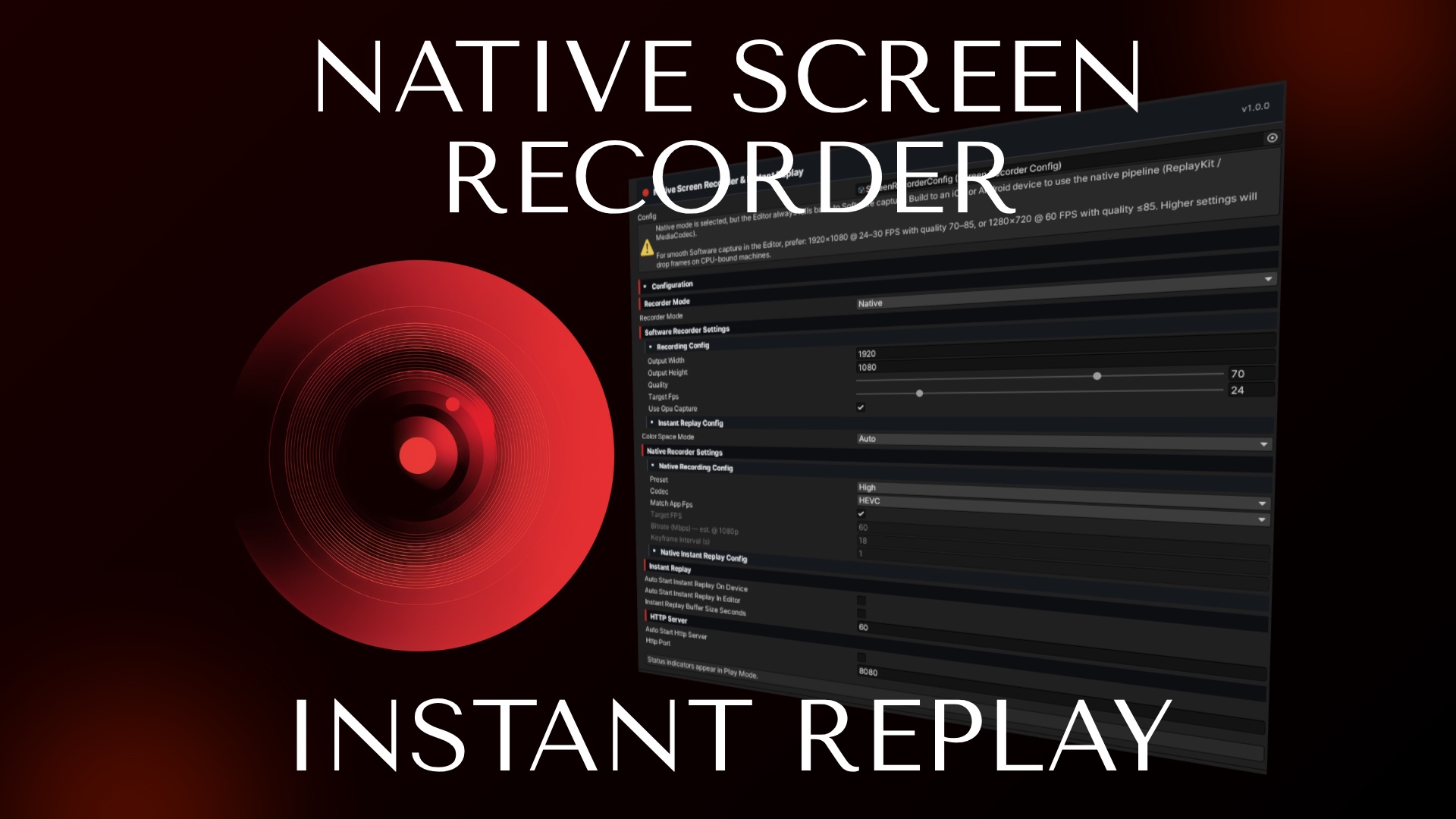 Native Screen Recorder & Instant Replay cover art with the Unity inspector configuration panel