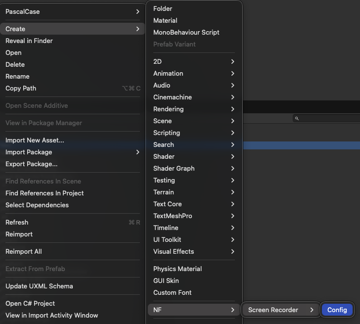 Unity Create menu showing NF → Screen Recorder → Config
