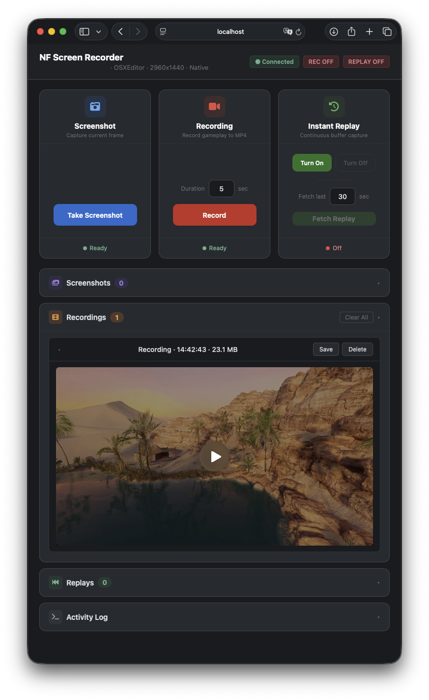The browser dashboard with Screenshot, Recording, and Instant Replay controls