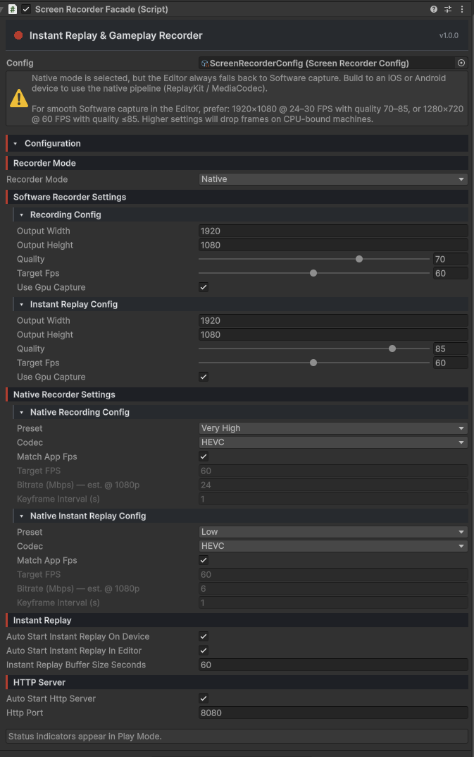 ScreenRecorderFacade component shown in the Unity Inspector