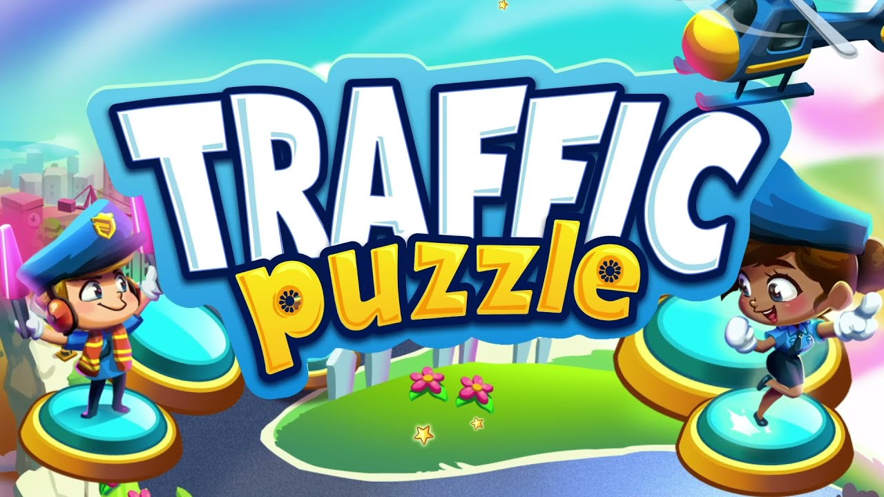 Traffic Puzzle key art with the game logo and two character mascots